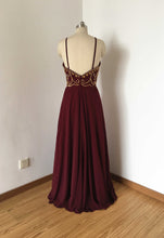 Load image into Gallery viewer, Backless Spaghetti Straps Burgundy Chiffon Long Prom Dress with Gold Beads