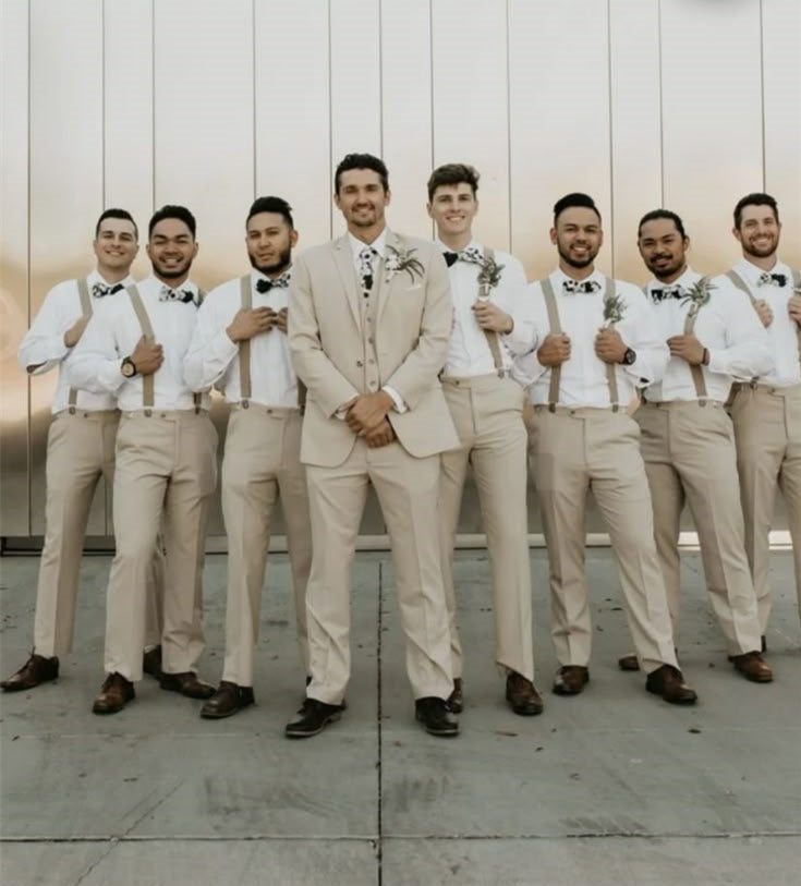 Beige Groomsmen Suits Pants Wedding Work with Adjustable Waist