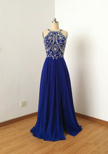 Load image into Gallery viewer, Backless Spaghetti Straps Royal Blue Chiffon Long Prom Dress with Slit and Silver Beads