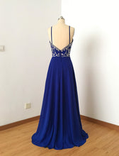 Load image into Gallery viewer, Backless Spaghetti Straps Royal Blue Chiffon Long Prom Dress with Slit and Silver Beads