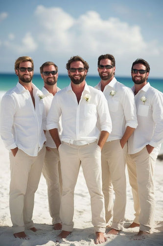 Beige Linen Groomsmen Groom Pants Beach Wedding