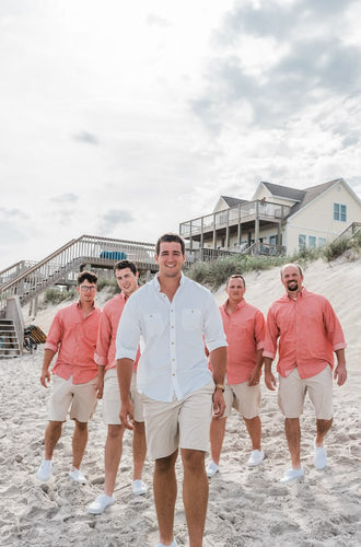 Beige Linen Groomsmen Shorts for Wedding Beach Groom Elastic Waist