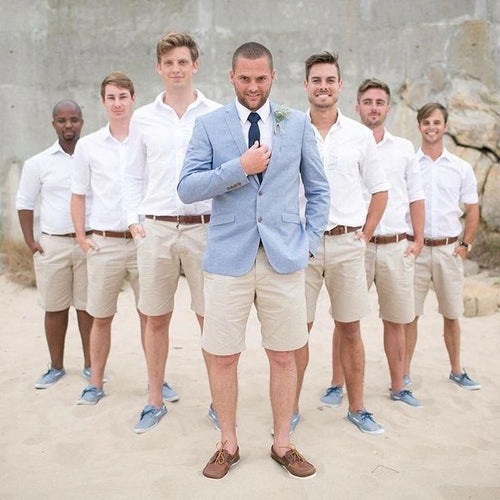 Beige Linen Groomsmen Shorts for Wedding Beach Groom Stretchy Waist