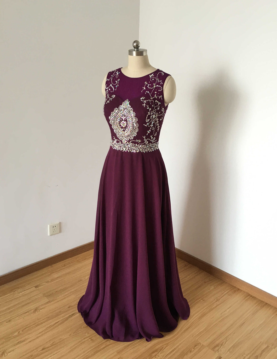 Gorgeous Beaded Grape Chiffon Long Prom Dress