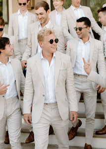 Beige Linen Groomsmen Suits for Wedding Blazer Pants Set