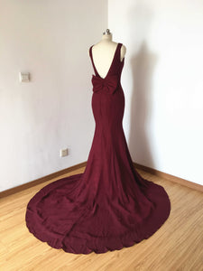 Mermaid Backless Burgundy Chiffon Long Prom Dress