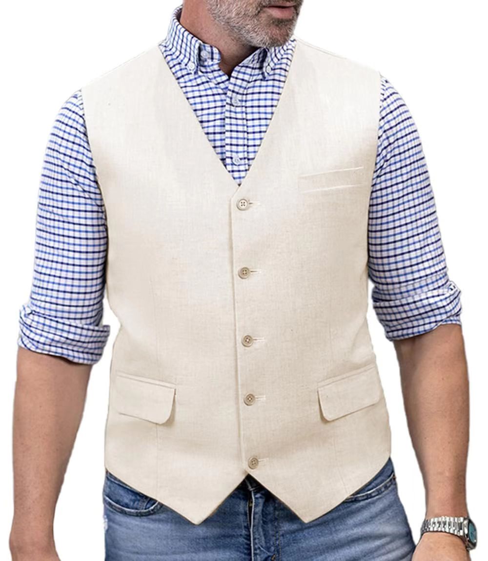 Beige Linen Men Vest Summer 3 real Pockets – DressCulture