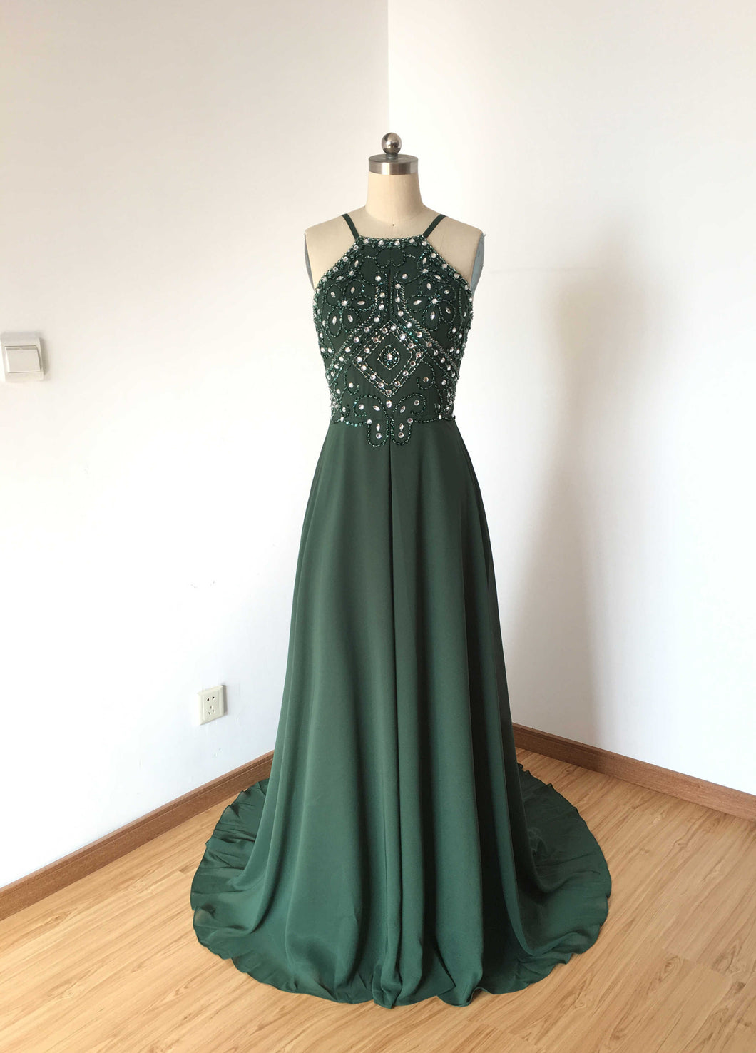 Backless Spaghetti Strap Dark Green Chiffon Long Prom Dress