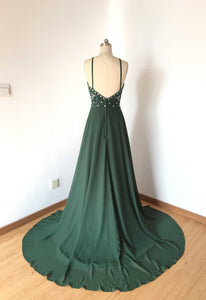 Backless Spaghetti Strap Dark Green Chiffon Long Prom Dress