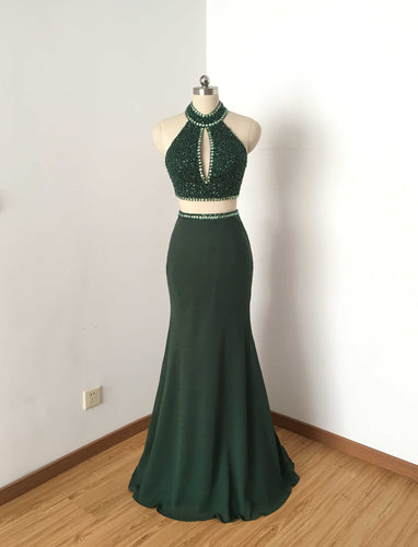 Two Piece Mermaid Dark Green Chiffon Long Prom Dress