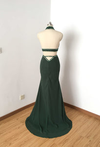 Two Piece Mermaid Dark Green Chiffon Long Prom Dress