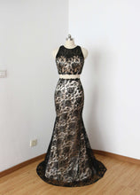 Load image into Gallery viewer, Two Piece Mermaid Black Lace Champagne Lining Long Prom Dress