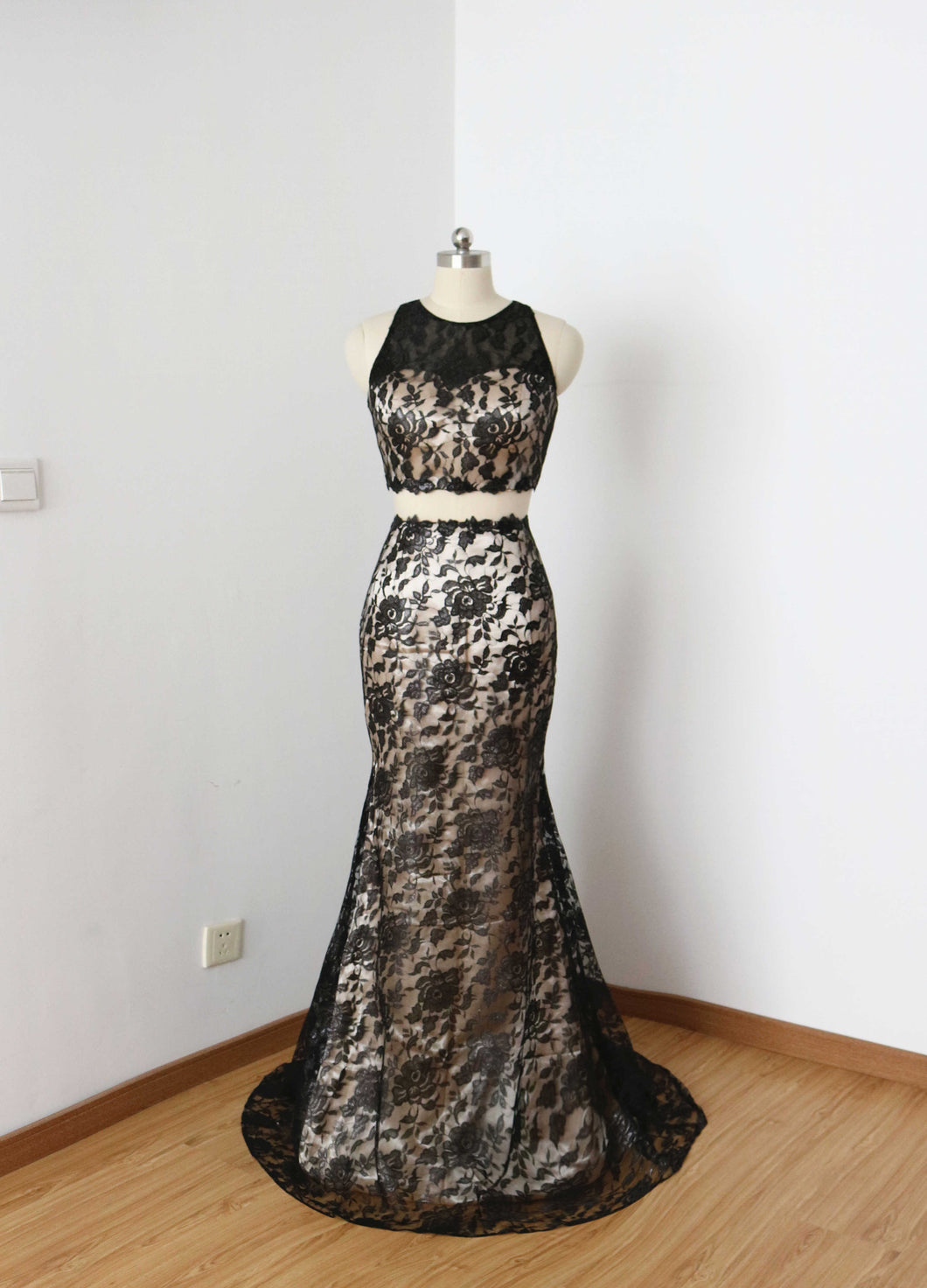 Two Piece Mermaid Black Lace Champagne Lining Long Prom Dress