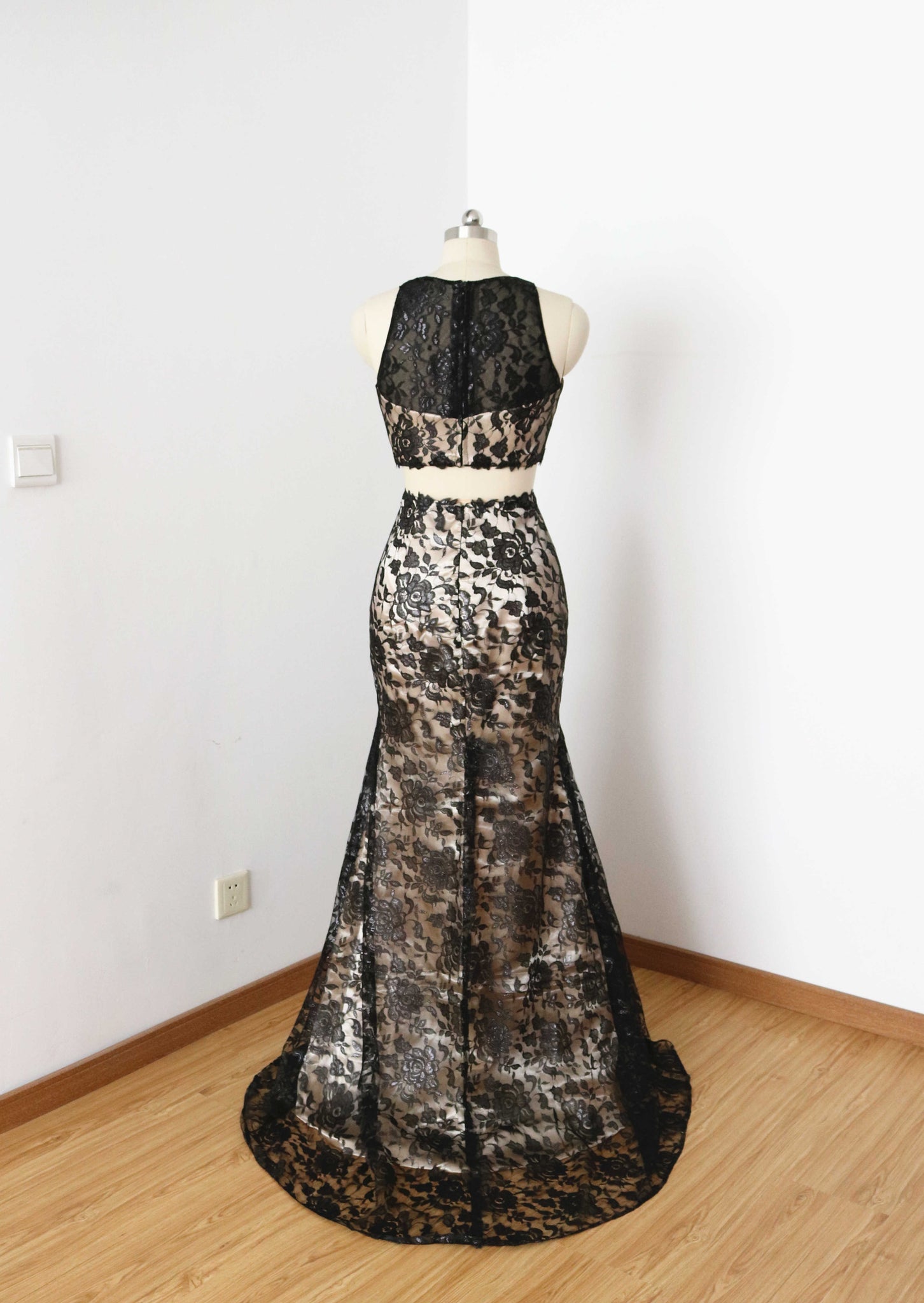 Two Piece Mermaid Black Lace Champagne Lining Long Prom Dress DressCulture Two Piece Mermaid Black Lace Champagne Lining Long Prom Dress DressCulture