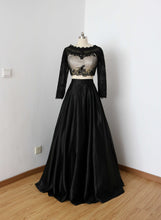 Load image into Gallery viewer, Two Piece Black Long Prom Dress with Long Sleeves Beaded Initials