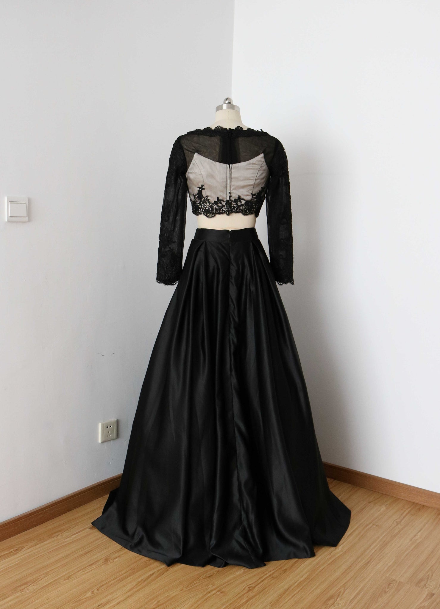 Two Piece Black Long Prom Dress with Long Sleeves Beaded Initials DressCulture Two Piece Black Long Prom Dress with Long Sleeves Beaded Initials DressCulture