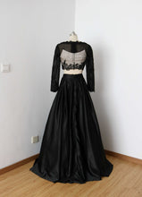 Load image into Gallery viewer, Two Piece Black Long Prom Dress with Long Sleeves Beaded Initials