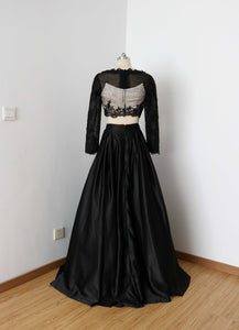 Two Piece Black Long Prom Dress with Long Sleeves Beaded Initials