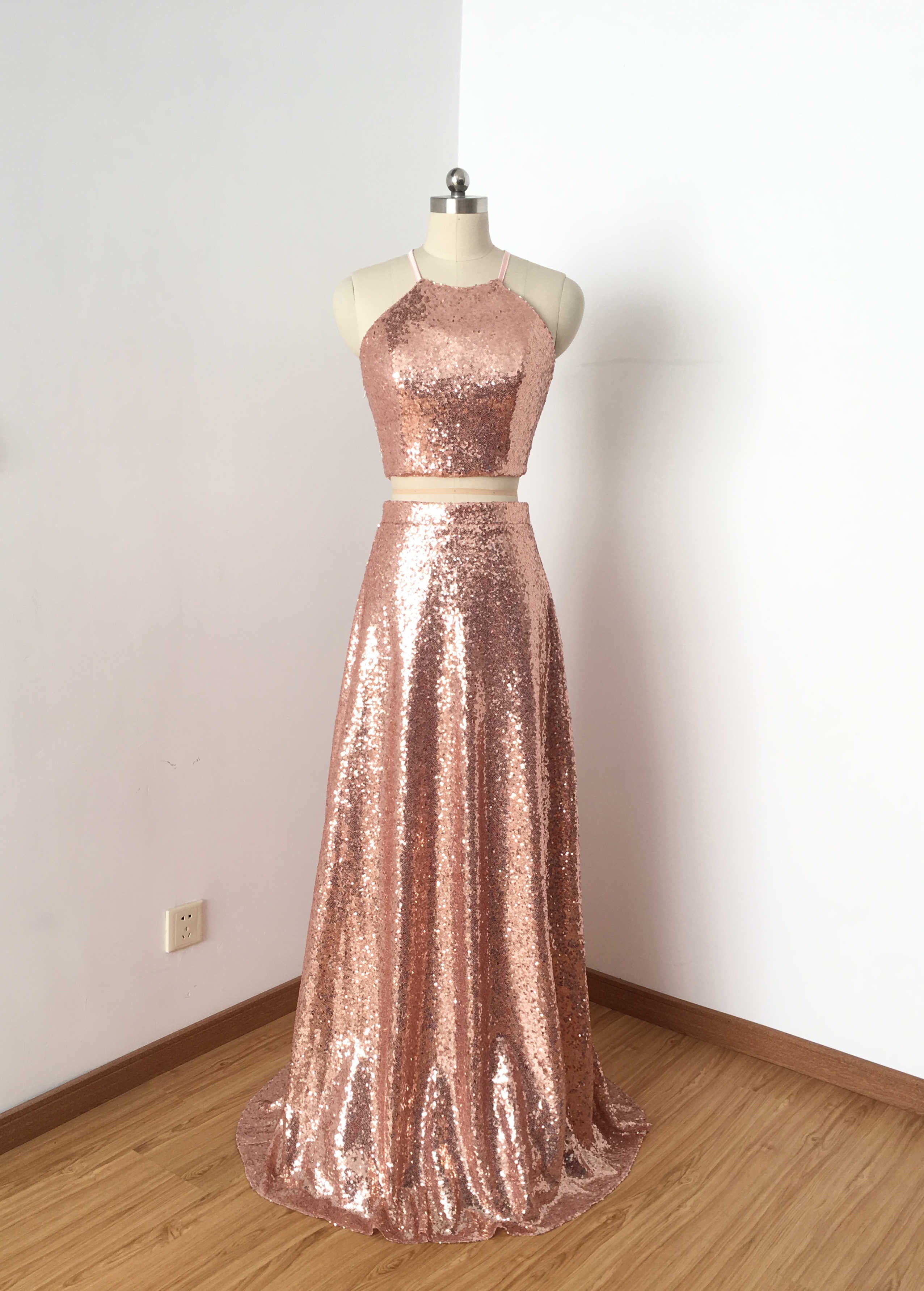 rose gold sequin dress long Rose Gold Sequins Long Bridesmaid Dress with Sleeves – FancyVestido main image 1
