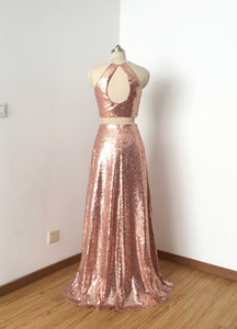 Two Piece Rose Gold Sequin Long Prom Dress