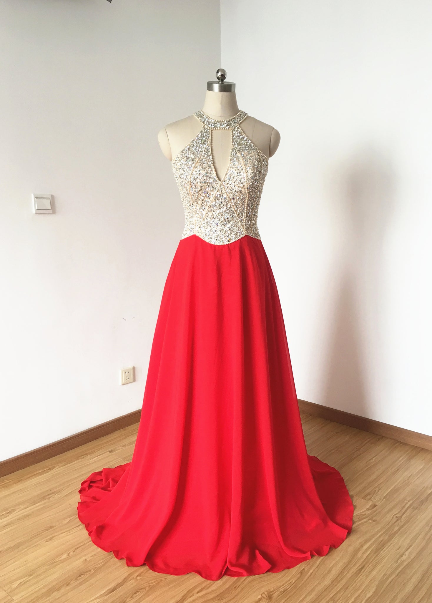 Halter Red Chiffon Long Prom Dress 16 / Blue Halter Red Chiffon Long Prom Dress 16 / Blue