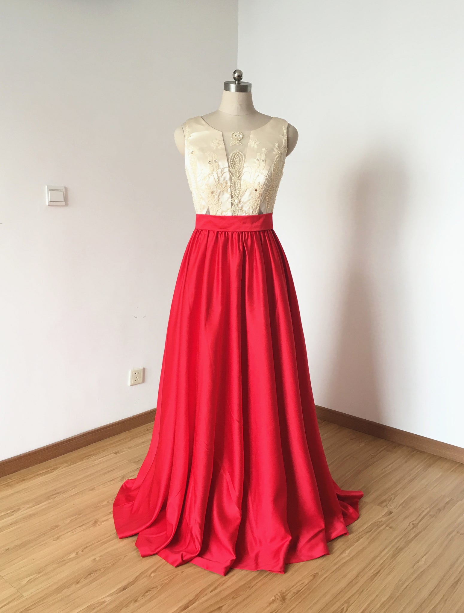 champagne red prom dress Sexy See Through Champagne Tulle with Red Lace Applique, Lovely Formal Cutedressy