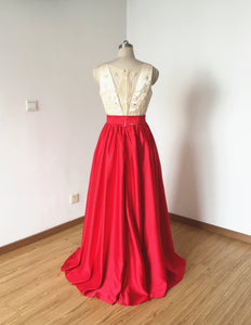 Scoop Champagne Red Satin Long Prom Dress