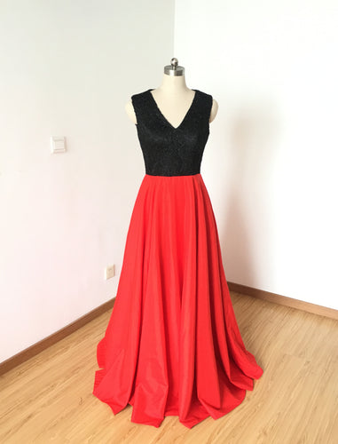 V-neck Black Lace Red Satin Long Prom Dress