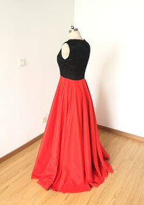 V-neck Black Lace Red Satin Long Prom Dress