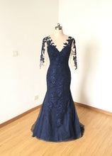 Load image into Gallery viewer, Mermaid V-neck Navy Blue Lace Tulle Long Prom Dress Long Sleeves with Back Buttons