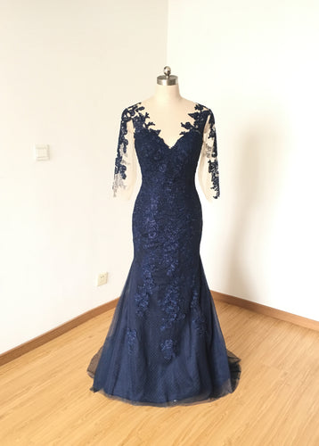 Mermaid V-neck Navy Blue Lace Tulle Long Prom Dress Long Sleeves with Back Buttons