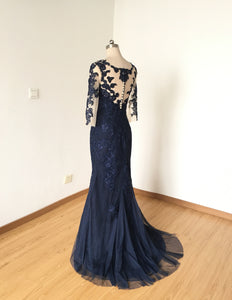 Mermaid V-neck Navy Blue Lace Tulle Long Prom Dress Long Sleeves with Back Buttons