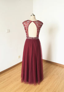 Backless Cap Sleeves Burgundy Tulle Long Prom Dress