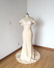 Load image into Gallery viewer, Off-the-Shoulder Mermaid Champagne Satin Long Prom Dress with Back Buttons