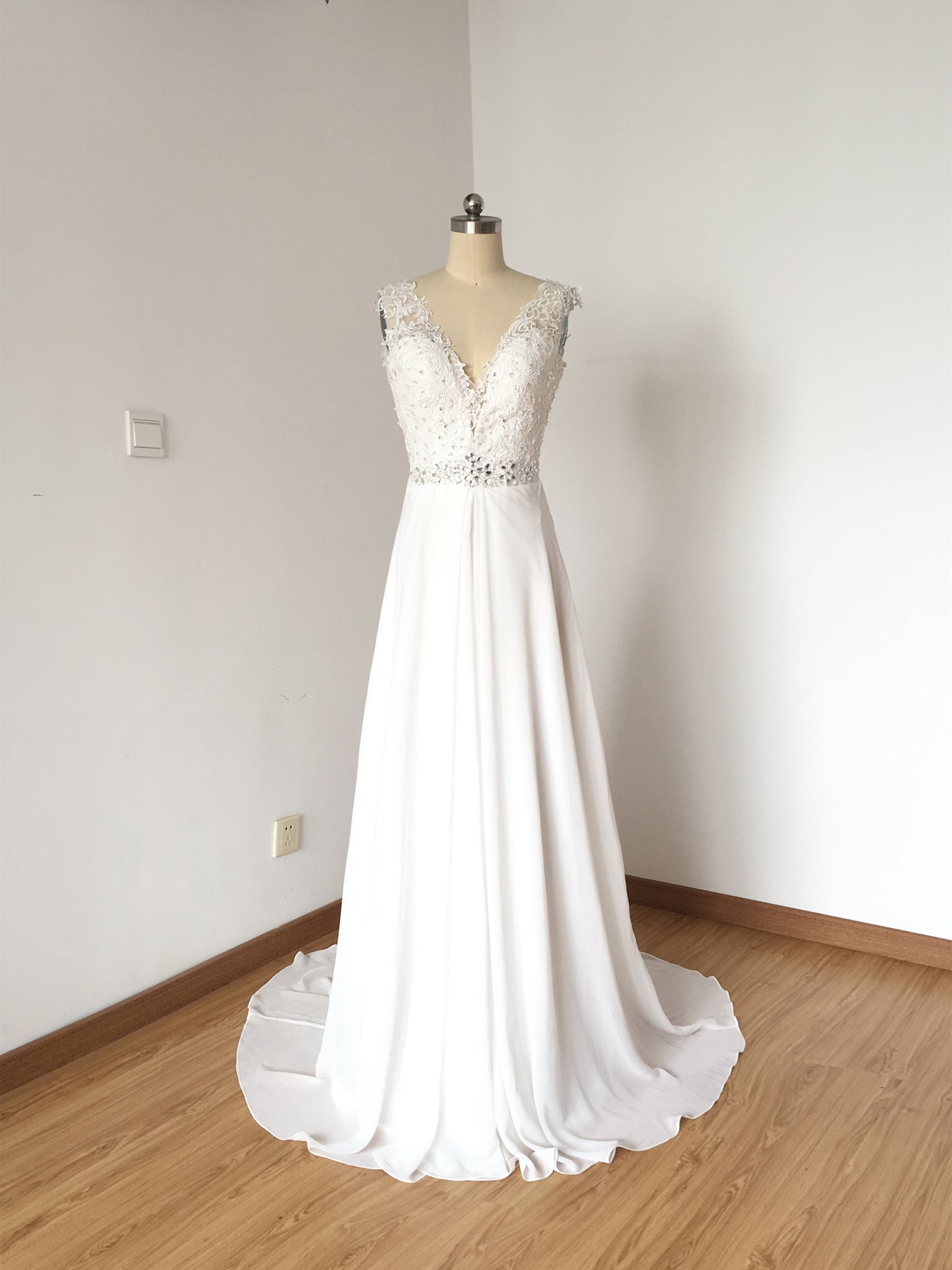 V-neck Ivory Lace Chiffon Long Prom Dress 2 / Black V-neck Ivory Lace Chiffon Long Prom Dress 2 / Black