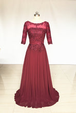 Load image into Gallery viewer, Scoop Burgundy Lace Chiffon Long Prom Dress with Half Sleeves