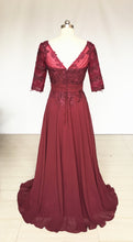 Load image into Gallery viewer, Scoop Burgundy Lace Chiffon Long Prom Dress with Half Sleeves