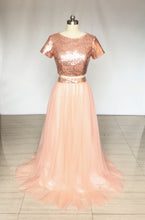 Load image into Gallery viewer, Two Piece Rose Gold Sequin Tulle Long Prom Dress with Short Sleeves