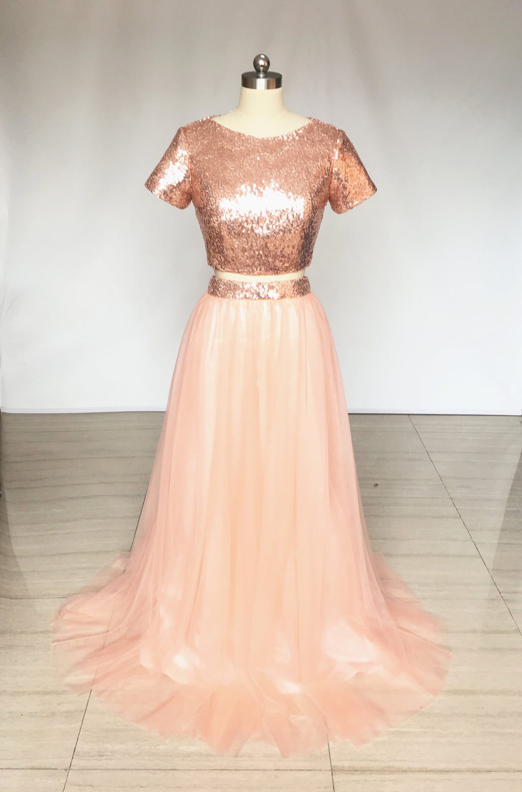 Two Piece Rose Gold Sequin Tulle Long Prom Dress with Short Sleeves