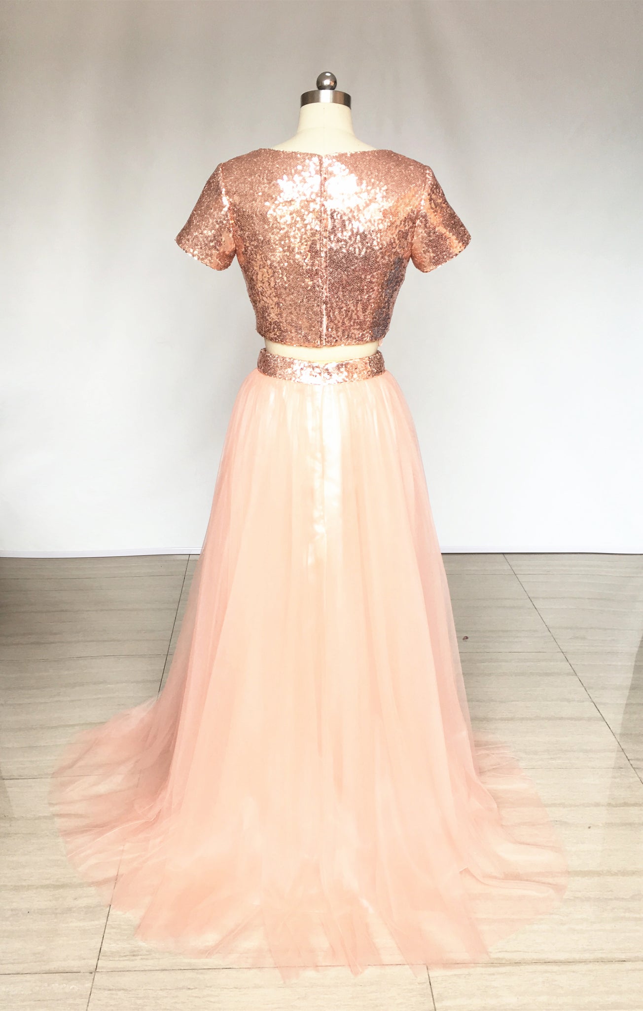 Two Piece Rose Gold Sequin Tulle Long Prom Dress with Short Sleeves 4 / Sample Color Two Piece Rose Gold Sequin Tulle Long Prom Dress with Short Sleeves 4 / Sample Color
