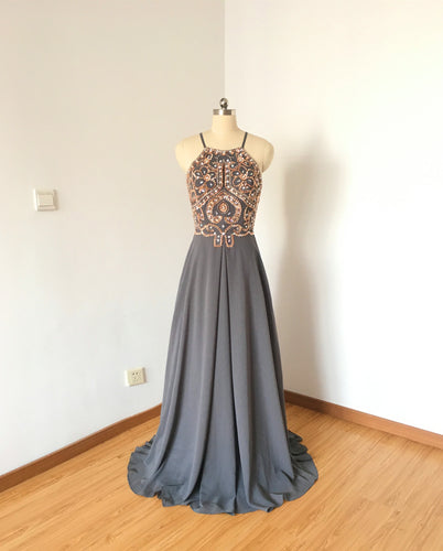 Spaghetti Straps Charcoal Grey Chiffon Long Prom Dress