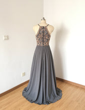 Load image into Gallery viewer, Spaghetti Straps Charcoal Grey Chiffon Long Prom Dress