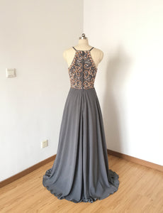 Spaghetti Straps Charcoal Grey Chiffon Long Prom Dress