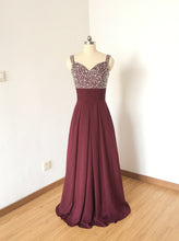 Load image into Gallery viewer, Beaded Straps Burgundy Chiffon Long Prom Dress