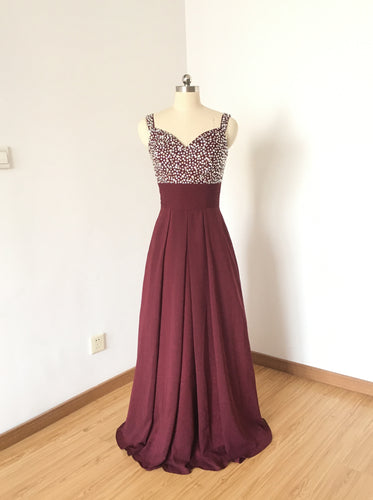 Beaded Straps Burgundy Chiffon Long Prom Dress