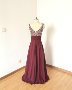 Beaded Straps Burgundy Chiffon Long Prom Dress