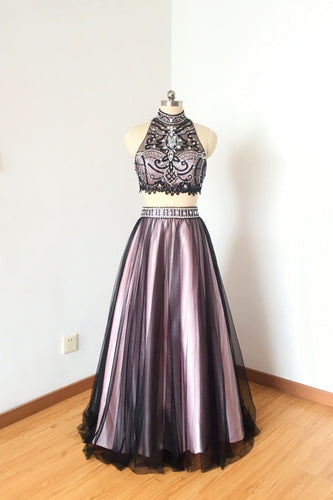 Two Piece Black Tulle Pink Lining Long Prom Dress Backless