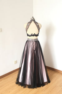 Two Piece Black Tulle Pink Lining Long Prom Dress Backless