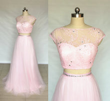 Load image into Gallery viewer, Cap Sleeves Blush Pink Lace Tulle Long Prom Dress Two Piece