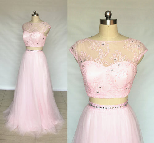 Cap Sleeves Blush Pink Lace Tulle Long Prom Dress Two Piece